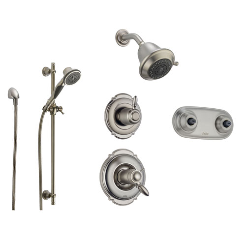 Delta Victorian Stainless Steel Shower System with Thermostatic Shower Handle, 6-setting Diverter, Showerhead, Handheld Shower, and Dual Body Spray Plate SS17T5595SS
