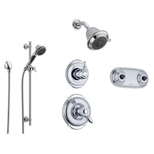 Delta Victorian Chrome Shower System with Thermostatic Shower Handle, 6-setting Diverter, Showerhead, Handheld Shower, and Dual Body Spray Shower Plate SS17T5595