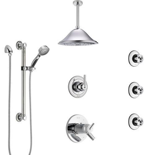Delta Trinsic Chrome Shower System with Dual Thermostatic Control, Diverter, Ceiling Showerhead, 3 Body Sprays, and Grab Bar Hand Shower SS17T5914