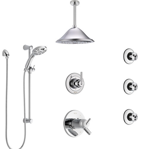 Delta Trinsic Chrome Shower System with Dual Thermostatic Control, Diverter, Ceiling Mount Showerhead, 3 Body Sprays, and Temp2O Hand Shower SS17T5915