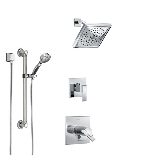 Delta Ara Chrome Finish Shower System with Dual Thermostatic Control Handle, 3-Setting Diverter, Showerhead, and Hand Shower with Grab Bar SS17T6718