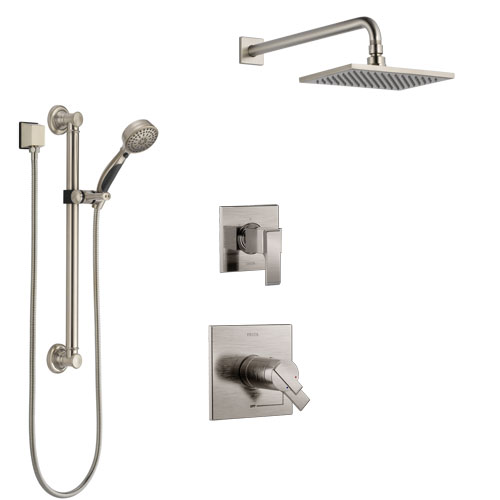 Delta Ara Dual Thermostatic Control Handle Stainless Steel Finish Shower System, Diverter, Showerhead, and Hand Shower with Grab Bar SS17T672SS2