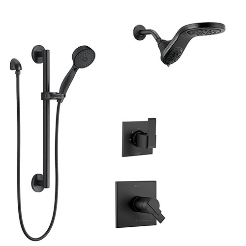 Delta Ara Matte Black Finish Modern Thermostatic Shower Diverter System with HydroRain Dual Showerhead and Hand Shower with Grab Bar SS17T673BL12