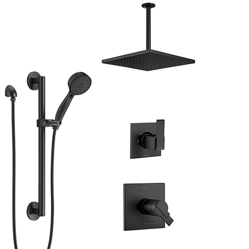 Delta Ara Matte Black Thermostatic Shower System with Diverter, Ceiling Mount Large Rain Square Showerhead, and Hand Shower on Grab Bar SS17T673BL1