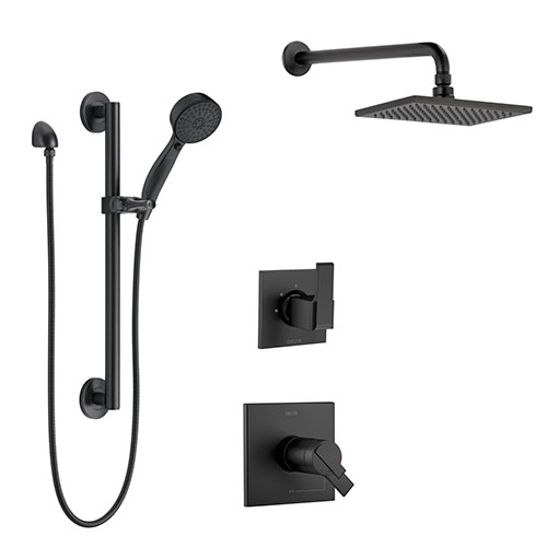 Delta Ara Matte Black Finish Modern Thermostatic Shower System with Large Wall Mounted Rain Showerhead and Hand Shower on Grab Bar SS17T673BL3