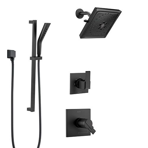 Delta Ara Matte Black Finish Modern Thermostatic Shower System with Diverter, Multi-Setting Wall Showerhead and Hand Sprayer on Slidebar SS17T673BL6