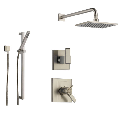 Delta Arzo Stainless Steel Shower System with Thermostatic Shower Handle, 3-setting Diverter, Large Square Rain Showerhead, and Handheld Shower SS17T8682SS