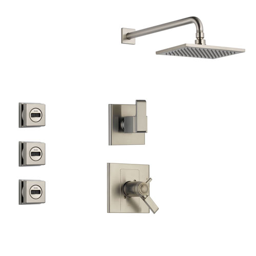 Delta Arzo Stainless Steel Shower System with Thermostatic Shower Handle, 3-setting Diverter, Large Square Rain Showerhead, and 3 Modern Body Sprays SS17T8683SS