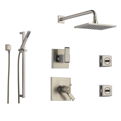 Delta Arzo Stainless Steel Shower System with Thermostatic Shower Handle, 6-setting Diverter, Large Square Showerhead, Modern Handheld Shower, and 2 Body Sprays SS17T8692SS