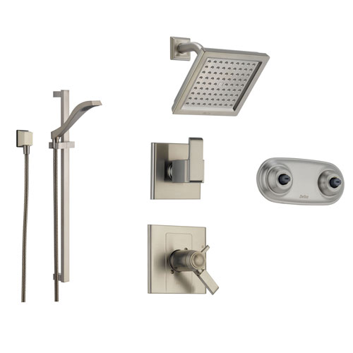 Delta Arzo Stainless Steel Shower System with Thermostatic Shower Handle, 6-setting Diverter, Square Showerhead, Modern Hand Held Shower, and Dual Body Spray Plate SS17T8693SS