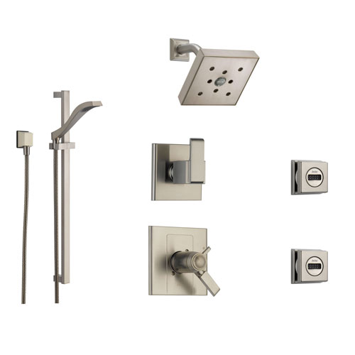 Delta Arzo Stainless Steel Shower System with Thermostatic Shower Handle, 6-setting Diverter, Square Showerhead, Modern Handheld Shower Spray, and 2 Body Sprays SS17T8694SS