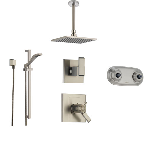 Delta Arzo Stainless Steel Shower System with Thermostatic Shower Handle, 6-setting Diverter, Large Rain Ceiling Mount Showerhead, Modern Handheld Shower Spray, and Dual Body Spray Plate SS17T8695SS