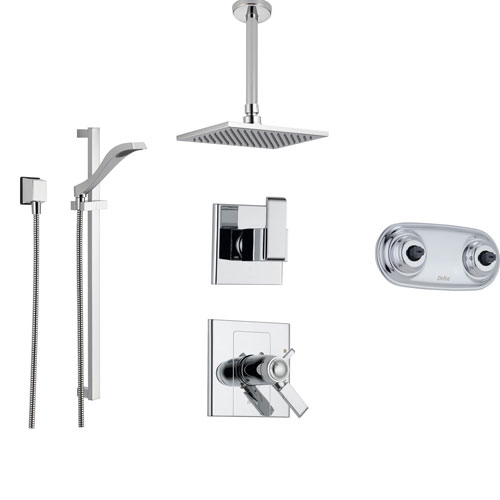 Delta Arzo Chrome Shower System with Thermostatic Shower Handle, 6-setting Diverter, Modern Ceiling Mount Showerhead, Hand Shower, and Dual Body Spray Plate SS17T8695