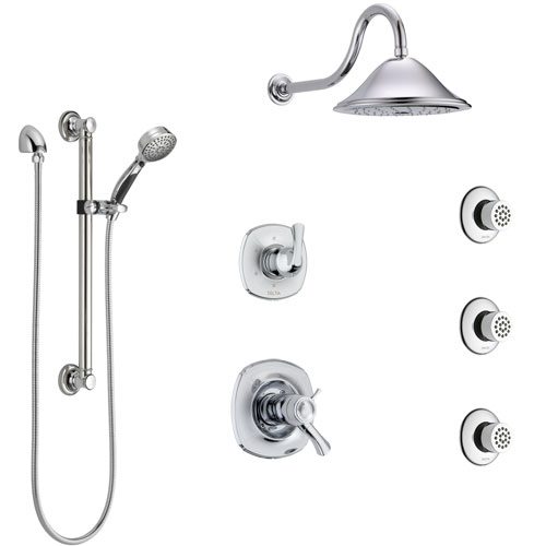 Delta Addison Chrome Shower System with Dual Thermostatic Control, Diverter, Showerhead, 3 Body Sprays, and Hand Shower with Grab Bar SS17T9222