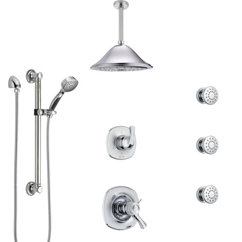 Delta Addison Chrome Shower System with Dual Thermostatic Control, Diverter, Ceiling Showerhead, 3 Body Sprays, and Grab Bar Hand Shower SS17T9224