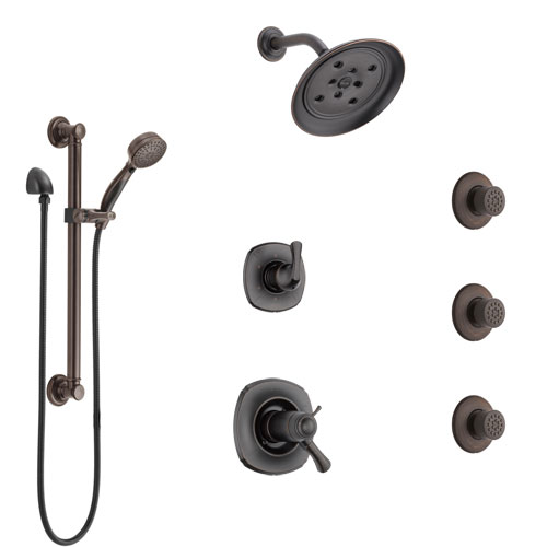Delta Addison Venetian Bronze Shower System with Dual Thermostatic Control, Diverter, Showerhead, 3 Body Sprays, and Grab Bar Hand Shower SS17T922RB4