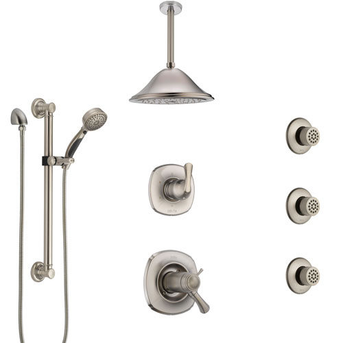 Delta Addison Dual Thermostatic Control Stainless Steel Finish Shower System with Ceiling Showerhead, 3 Body Jets, Grab Bar Hand Spray SS17T922SS4