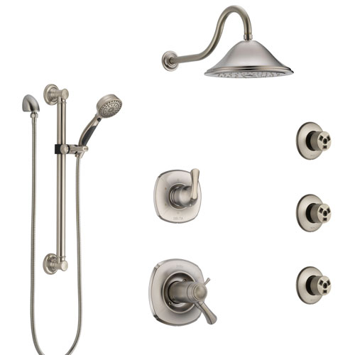 Delta Addison Dual Thermostatic Control Stainless Steel Finish Shower System, Diverter, Showerhead, 3 Body Sprays, and Grab Bar Hand Spray SS17T922SS8