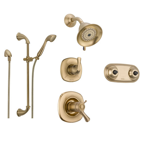 Delta Addison Champagne Bronze Shower System with Thermostatic Shower Handle, 6-setting Diverter, Showerhead, Handheld Shower, and Dual Body Spray Shower Plate SS17T9292CZ
