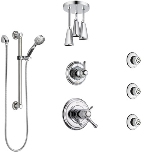 Delta Cassidy Chrome Shower System with Dual Thermostatic Control, Diverter, Ceiling Showerhead, 3 Body Sprays, and Grab Bar Hand Shower SS17T9713