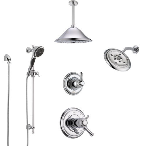 Delta Cassidy Chrome Shower System with Dual Thermostatic Control, 6-Setting Diverter, Showerhead, Ceiling Mount Showerhead, and Hand Shower SS17T9716