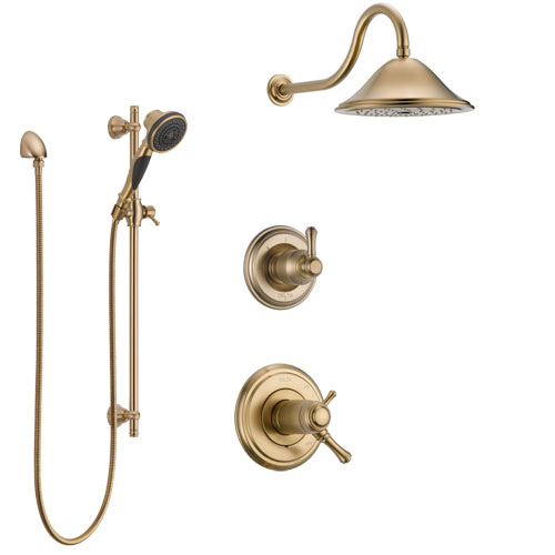 Delta Cassidy Champagne Bronze Shower System with Dual Thermostatic Control Handle, Diverter, Showerhead, and Hand Shower with Slidebar SS17T971CZ1