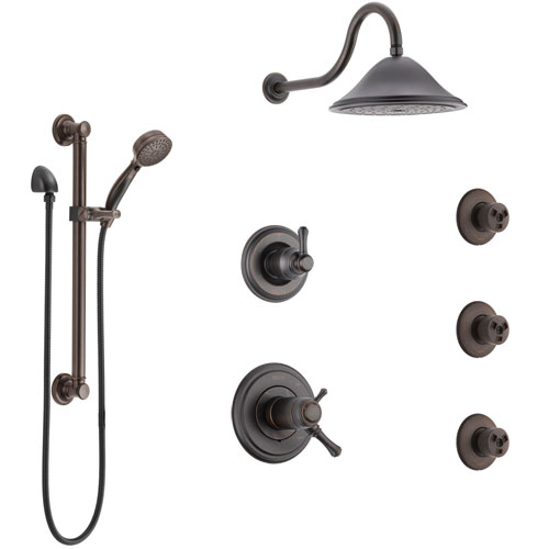 Delta Cassidy Venetian Bronze Shower System with Dual Thermostatic Control, Diverter, Showerhead, 3 Body Sprays, and Grab Bar Hand Shower SS17T971RB2
