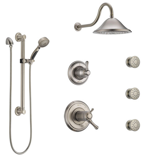 Delta Cassidy Dual Thermostatic Control Stainless Steel Finish Shower System, Diverter, Showerhead, 3 Body Sprays, and Grab Bar Hand Spray SS17T971SS1