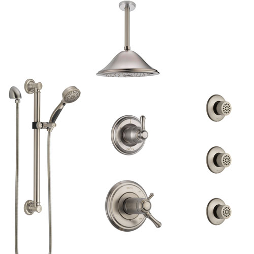 Delta Cassidy Dual Thermostatic Control Stainless Steel Finish Shower System with Ceiling Showerhead, 3 Body Jets, Grab Bar Hand Spray SS17T971SS6