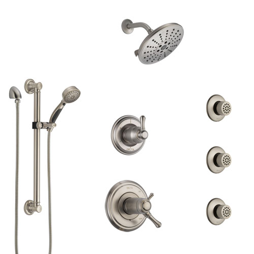 Delta Cassidy Dual Thermostatic Control Stainless Steel Finish Shower System, Diverter, Showerhead, 3 Body Sprays, and Grab Bar Hand Spray SS17T971SS7