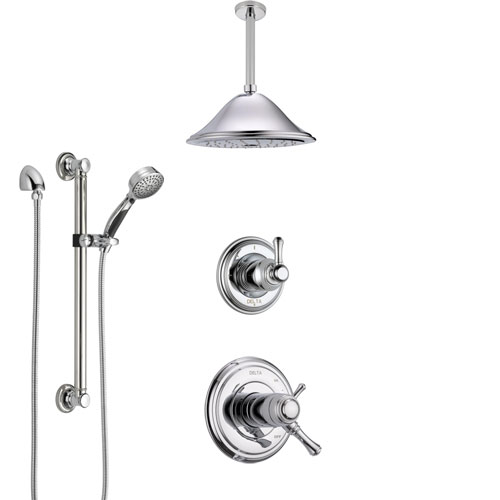 Delta Cassidy Chrome Shower System with Dual Thermostatic Control Handle, Diverter, Ceiling Mount Showerhead, and Hand Shower with Grab Bar SS17T9723