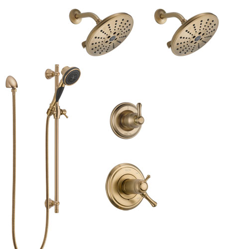 Delta Cassidy Champagne Bronze Shower System with Dual Thermostatic Control Handle, 6-Setting Diverter, 2 Showerheads, Hand Shower SS17T972CZ6
