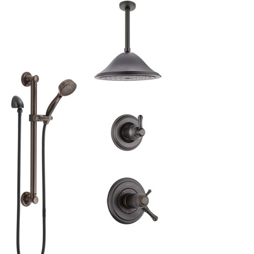 Delta Cassidy Venetian Bronze Shower System with Dual Thermostatic Control, Diverter, Ceiling Mount Showerhead, and Grab Bar Hand Shower SS17T972RB1