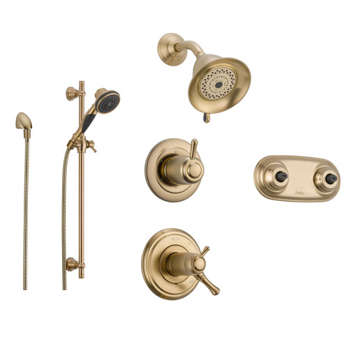 Delta Cassidy Champagne Bronze Shower System with Thermostatic Shower Handle, 6-setting Diverter, Shower Head, Hand Shower Spray, and Dual Body Spray Shower Plate SS17T9792CZ