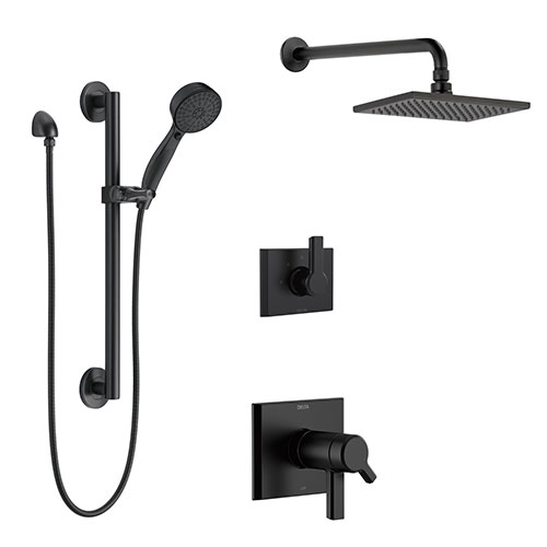 Delta Pivotal Matte Black Finish Thermostatic Shower System with Diverter, Wall Mount Rain Showerhead, and Hand Shower with Grab Bar SS17T993BL3