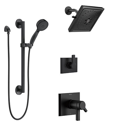 Delta Pivotal Matte Black Thermostatic Shower System with Diverter, Multi-Setting Wall Mount Showerhead, and Hand Shower with Grab Bar SS17T993BL5