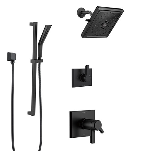 Delta Pivotal Matte Black Thermostatic Shower System with Diverter, Multi-Setting Wall Mount Showerhead, and Hand Shower with Slidebar SS17T993BL6