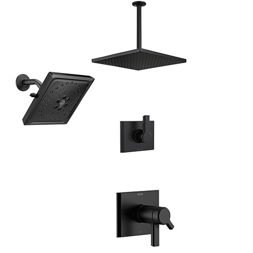 Delta Pivotal Matte Black Finish Thermostatic Shower System with Large Square Rain Ceiling Showerhead and Multi-Setting Wall Showerhead SS17T993BL7