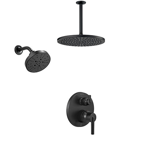 Delta Trinsic Matte Black Integrated Diverter Shower System with Large Modern Round Rain Showerhead and Multi-Setting Wall Showerhead SS24859BL7