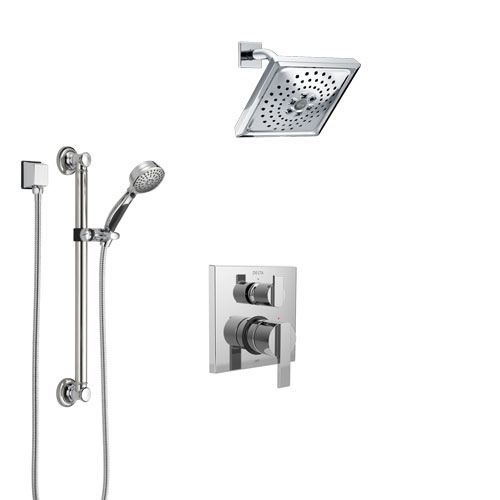 Delta Ara Chrome Finish Shower System with Control Handle, Integrated 3-Setting Diverter, Showerhead, and Hand Shower with Grab Bar SS248671