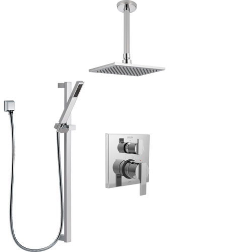 Delta Ara Chrome Finish Shower System with Control Handle, Integrated Diverter, Ceiling Mount Showerhead, and Hand Shower with Slidebar SS248677