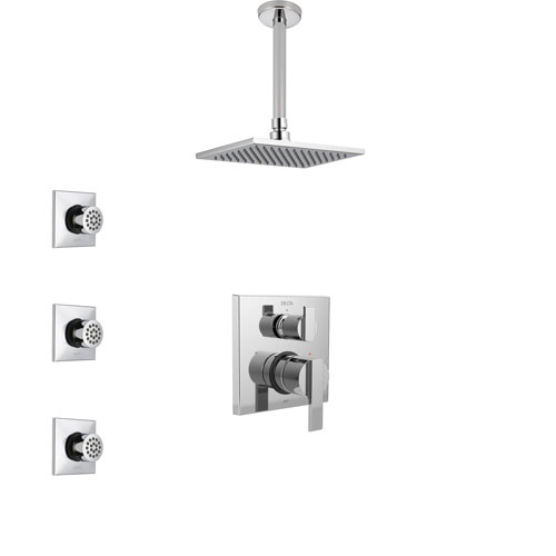 Delta Ara Chrome Finish Shower System with Control Handle, Integrated 3-Setting Diverter, Ceiling Mount Showerhead, and 3 Body Sprays SS248678