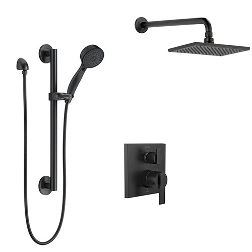 Delta Ara Matte Black Finish Shower System with Diverter Integrated, Wall Mounted Rain Showerhead, and Hand Shower with Grab Bar SS24867BL3