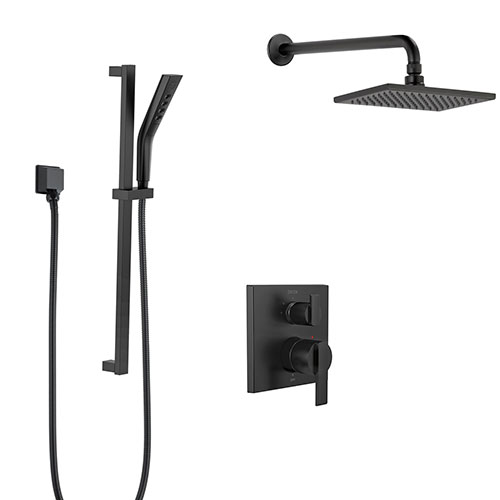 Delta Ara Matte Black Finish Shower System with Diverter Integrated, Wall Mounted Rain Showerhead, and Hand Shower with Slide Bar SS24867BL4