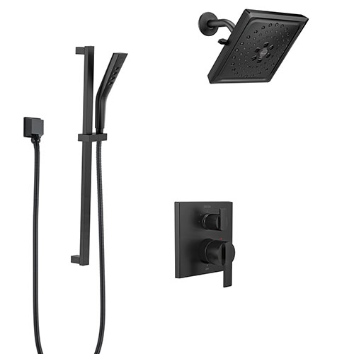 Delta Ara Matte Black Finish Shower System with Diverter Integrated, Wall Mounted Multi-Setting Showerhead, and Hand Shower with Slide Bar SS24867BL6
