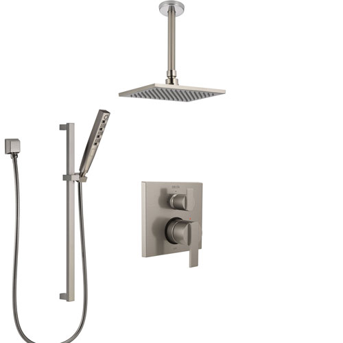 Delta Ara Stainless Steel Finish Shower System with Control Handle, Integrated Diverter, Ceiling Mount Showerhead, and Hand Shower SS24867SS7