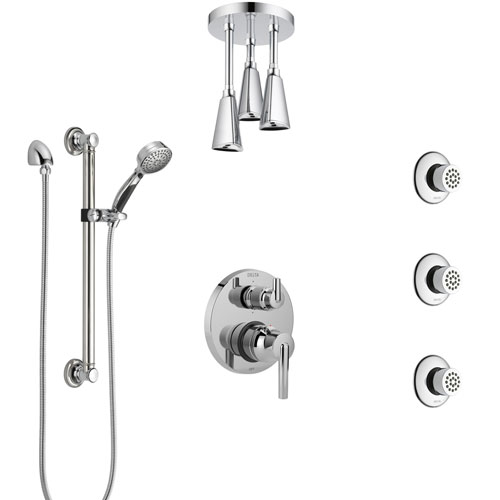 Delta Trinsic Chrome Shower System with Control Handle, Integrated Diverter, Ceiling Showerhead, 3 Body Sprays, and Grab Bar Hand Shower SS249593