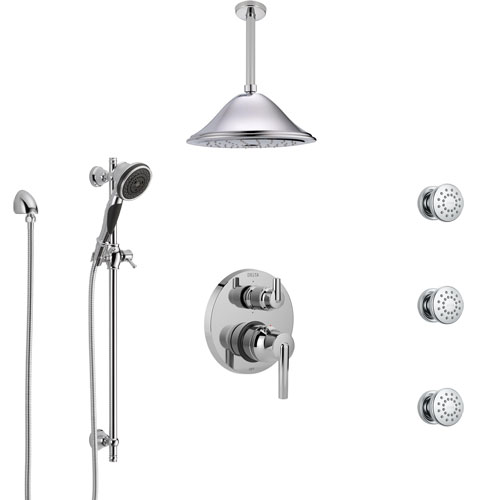 Delta Trinsic Chrome Shower System with Control Handle, Integrated Diverter, Ceiling Mount Showerhead, 3 Body Sprays, and Hand Shower SS249598