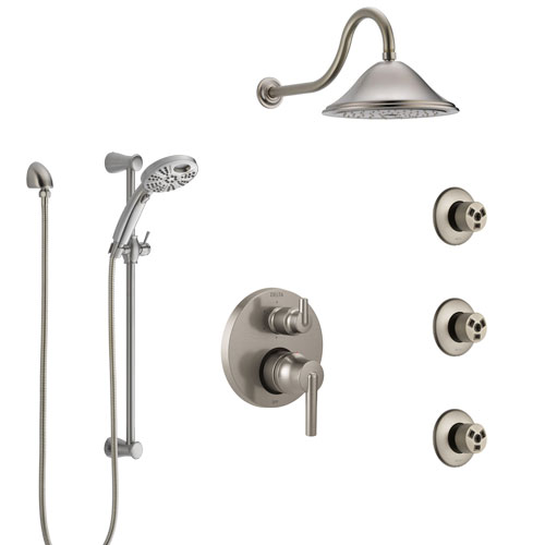 Delta Trinsic Stainless Steel Finish Shower System with Control, Integrated Diverter, Showerhead, 3 Body Sprays, and Temp2O Hand Shower SS24959SS12