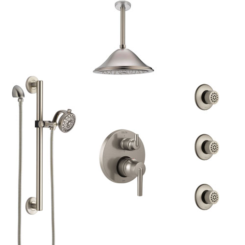 Delta Trinsic Stainless Steel Finish Integrated Diverter Shower System Control Handle, Ceiling Showerhead, 3 Body Jets, Grab Bar Hand Spray SS24959SS8